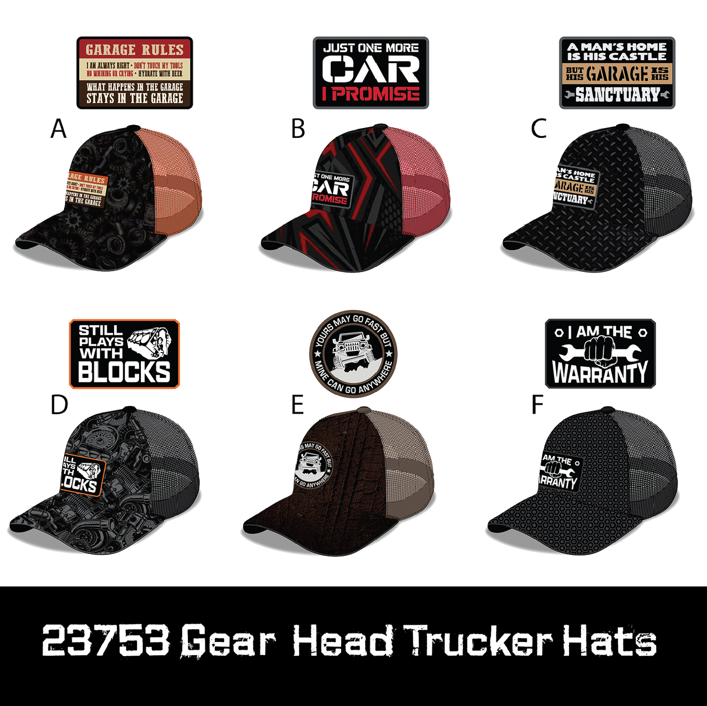 Trucker Baseball Hat Gear Head Hat Assortment - 6/Pack