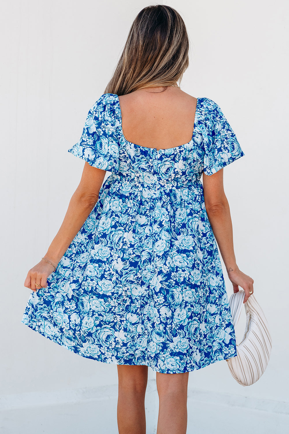 Blue Floral Baby Doll Mini Dress with Puffed Sleeves image 3