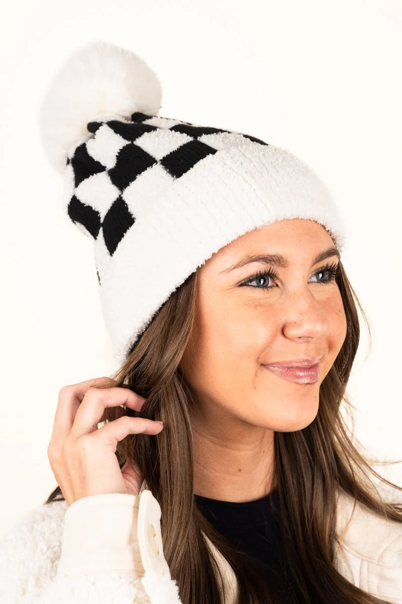 CALGARY CHECK POM POM BEANIE, Ivory