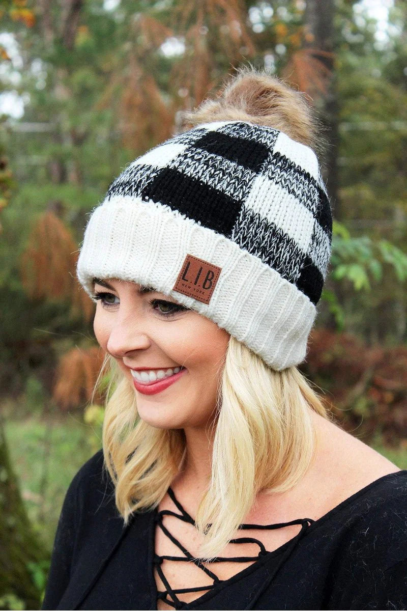 L.I.B. New York Buffalo Plaid Fleece Lined Pom Pom Beanie, White