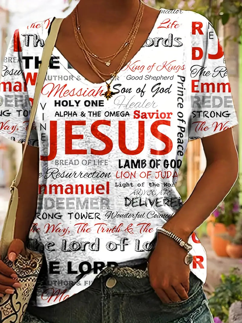 Jesus Letter Full Print T-shirt, Casual V Neck Short Sleeve T-shirt image 0