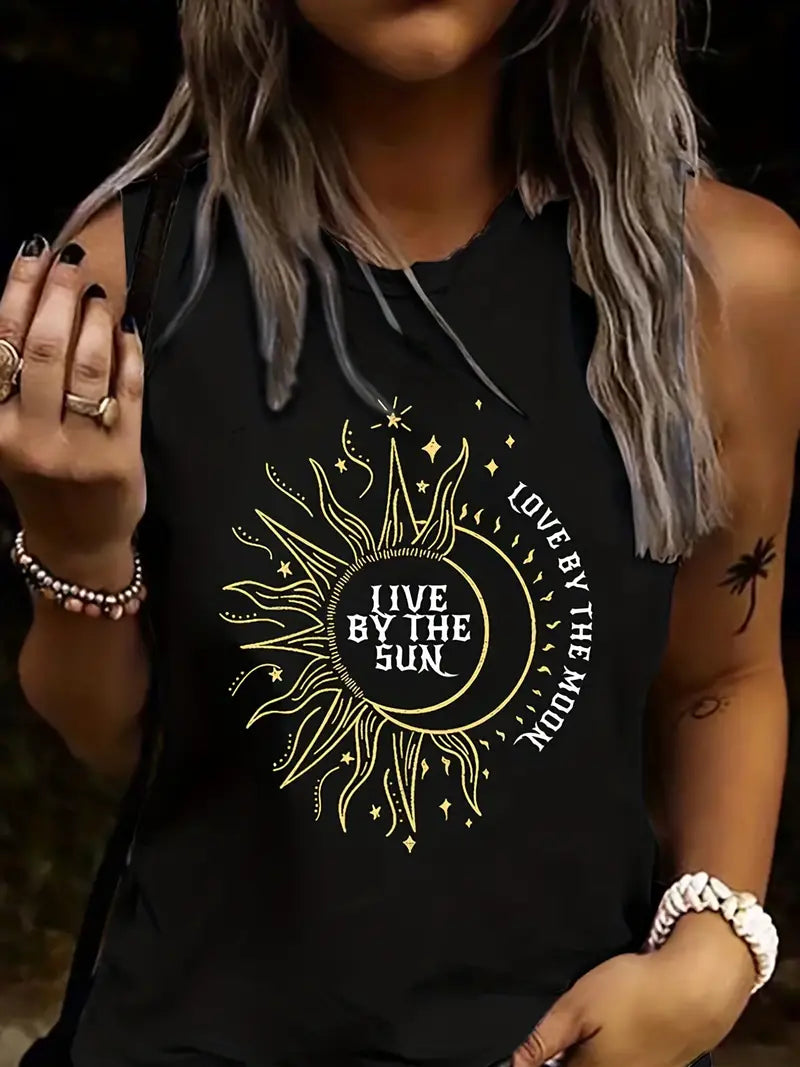 Sun & Moon Print Tank Top, Sleeveless Crew Neck Casual Top image 0