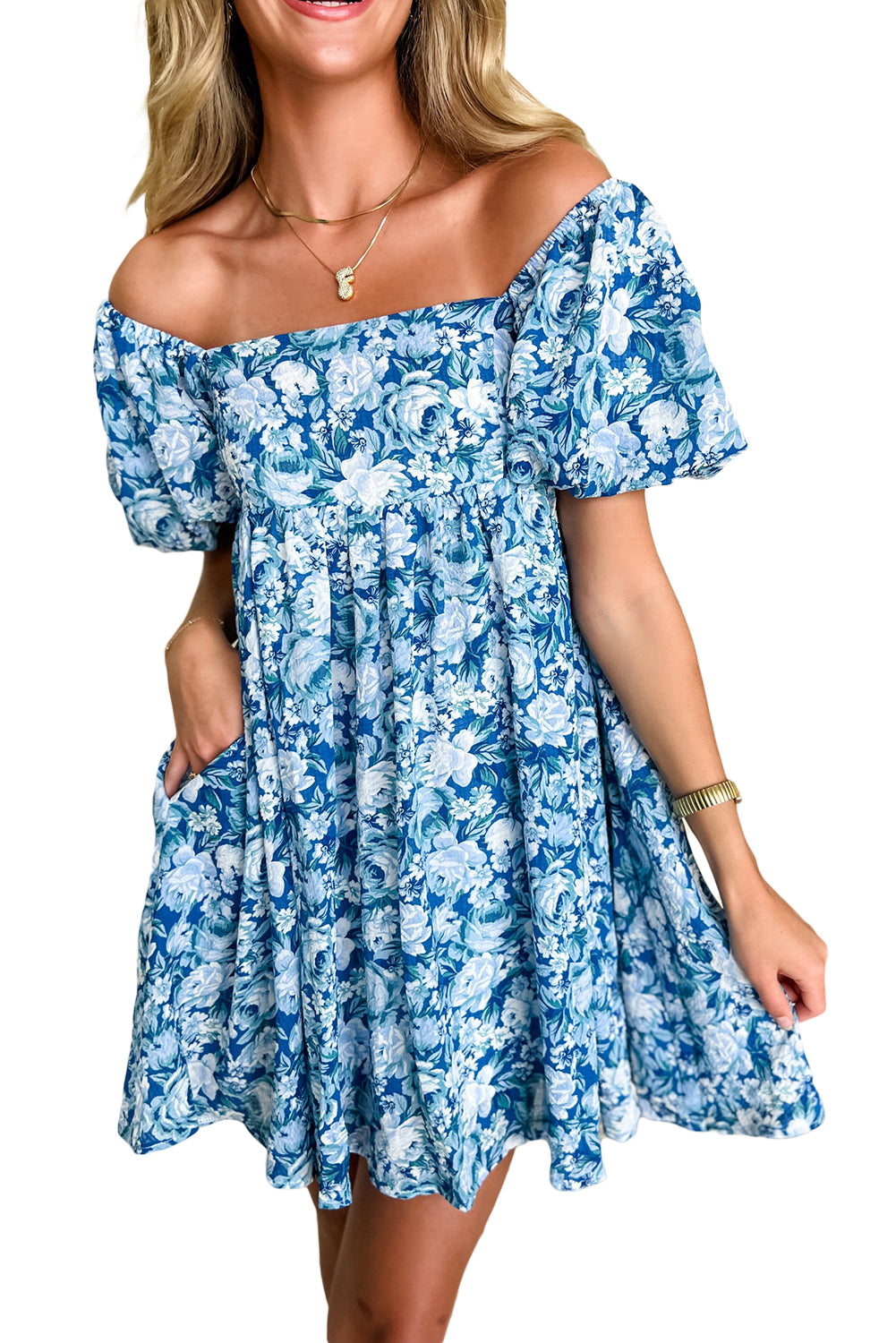 Blue Floral Baby Doll Mini Dress with Puffed Sleeves image 2