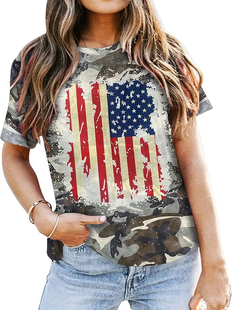 Flag Print V Neck T-Shirt, Casual Short Sleeve T-Shirt For Spring image 0