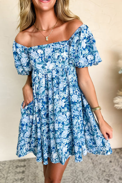 Blue Floral Baby Doll Mini Dress with Puffed Sleeves image 0