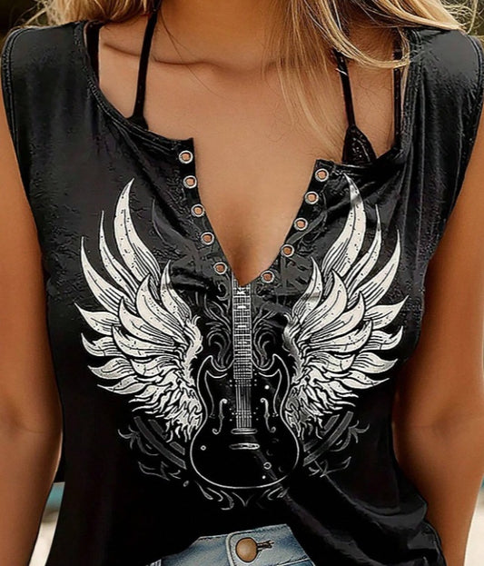 Women's Sleeveless Tank Top For Summer With Angel Wings & Guitar Print Graphic image 0