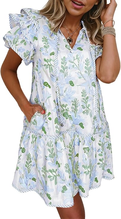 Floral Contrast Edge Layered Short Sleeve Mini Dress image 0