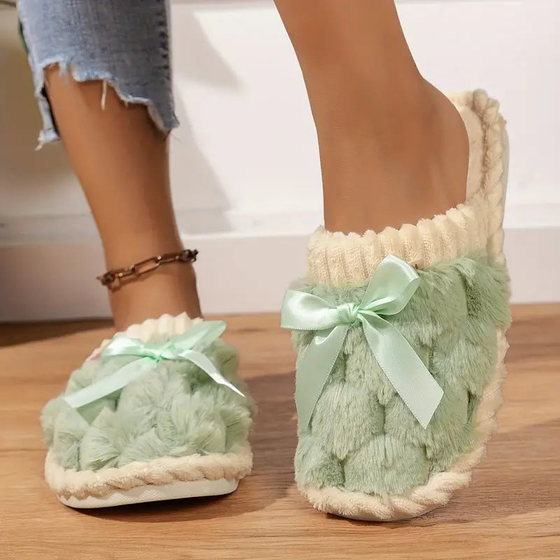 Green Ribbon Chic Women's Winter Plush Slippers image 0