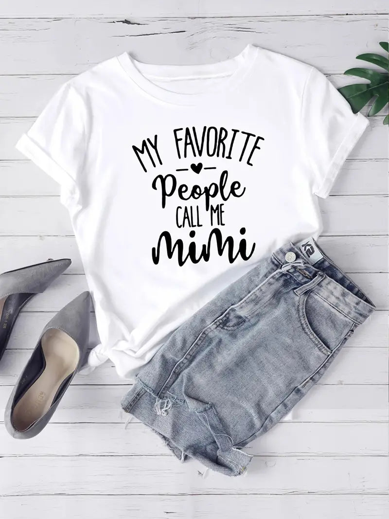 Mimi Print Family T-Shirt, Short Sleeve Crew Neck Casual Top image 0