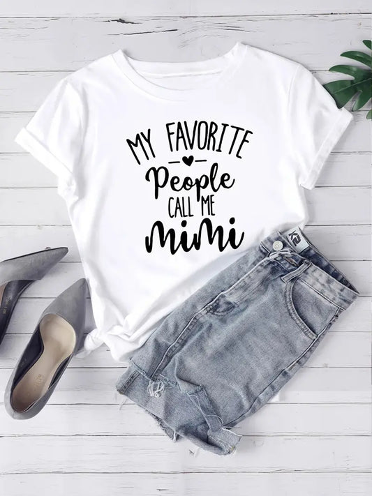 Mimi Print Family T-Shirt, Short Sleeve Crew Neck Casual Top image 0