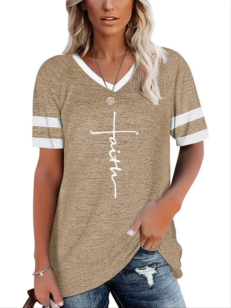 T-Shirt with "Faith" Letter Print, Short Sleeve V Neck, Slight Stretch Knit Fabr image 0