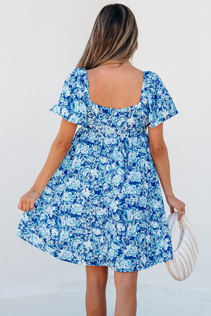 Blue Floral Baby Doll Mini Dress with Puffed Sleeves image 3