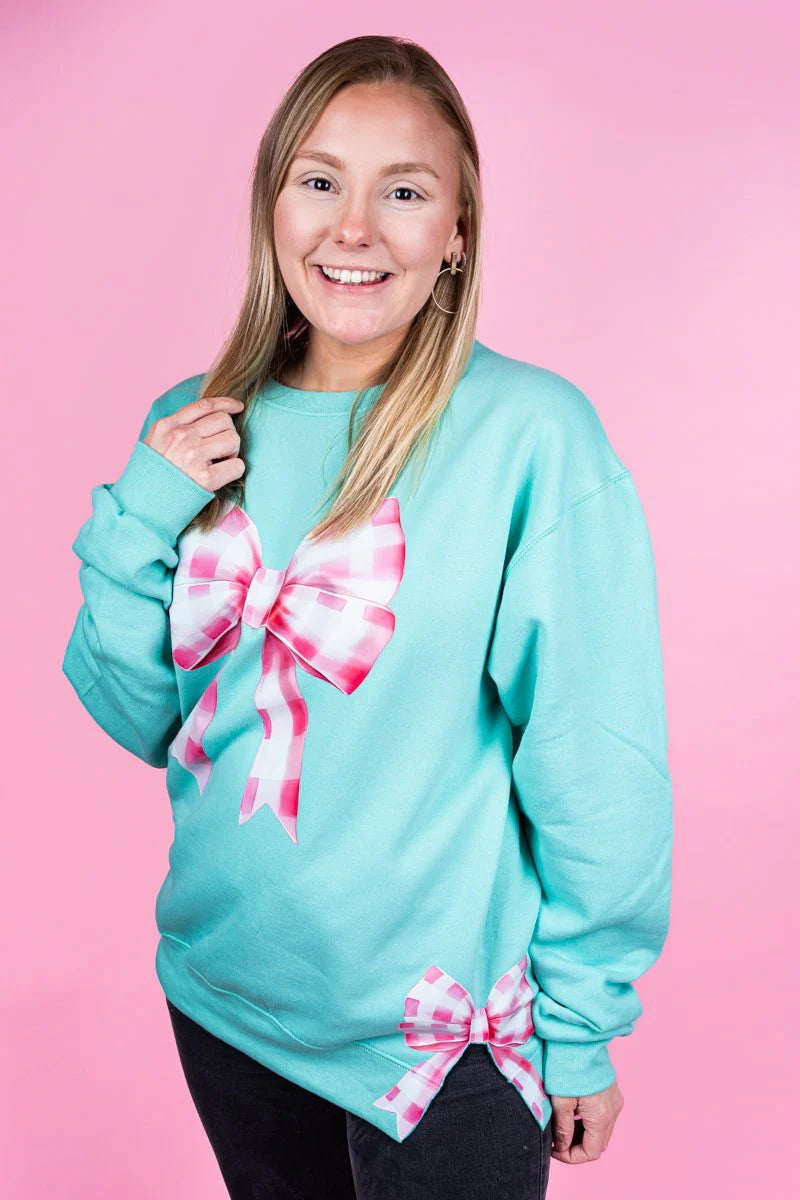 Side Bows Pink Bow Crew Sweatshirt Scuba Blue image 2