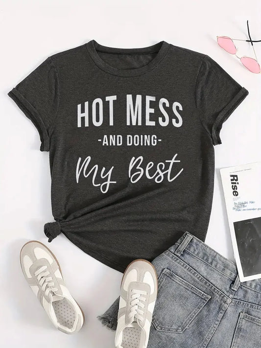 "Hot Mess"  T-Shirt, Short Sleeve Crew Neck Casual Top - Dark Gray image 0