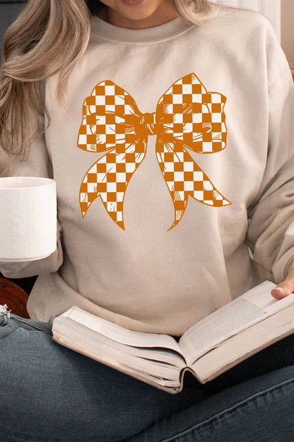 Orange Checkered Coquette Bow Heavy-weight Crew Sweatshirt image 0