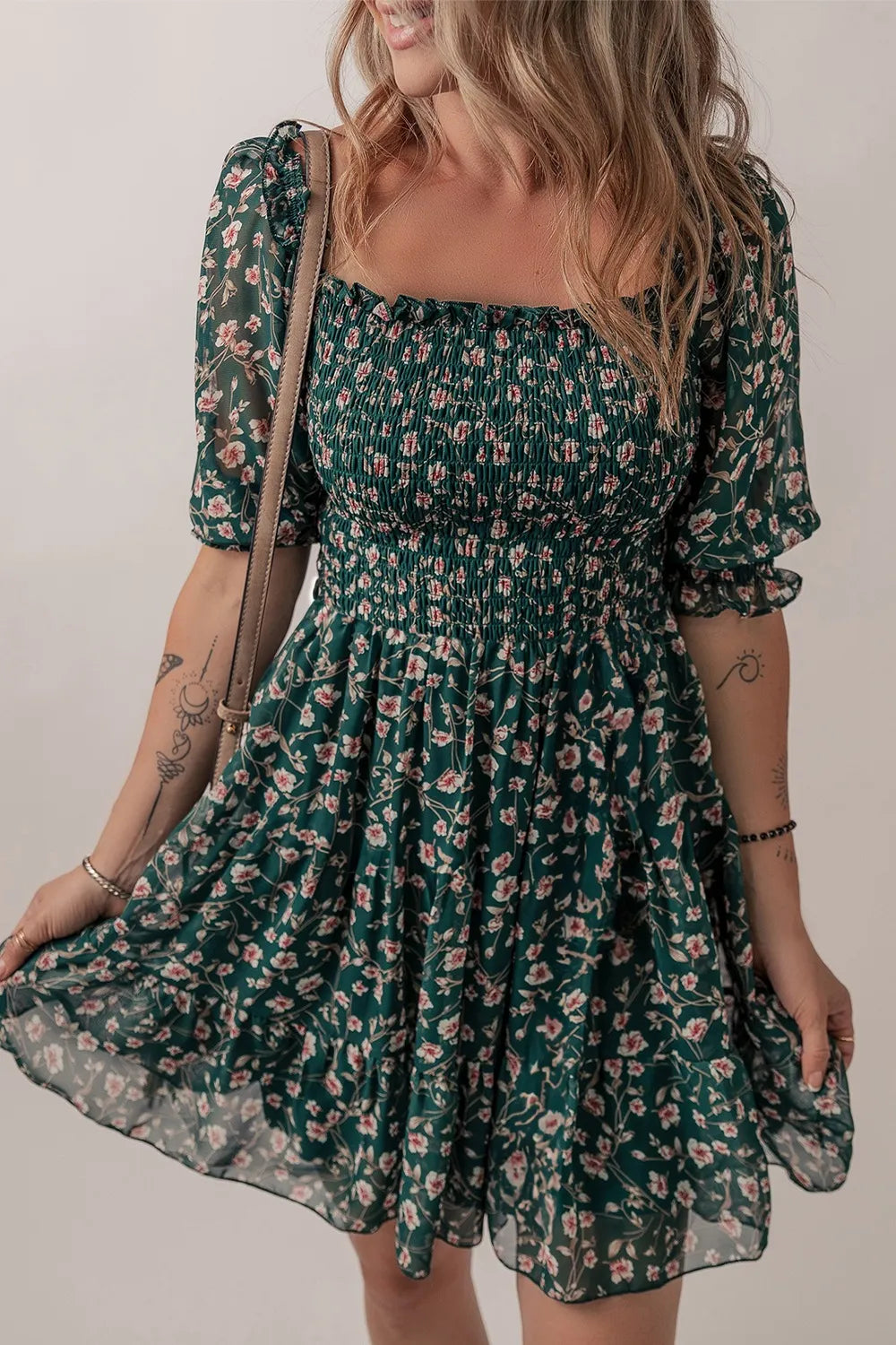 Green Smocked Floral Dress RTS image 0
