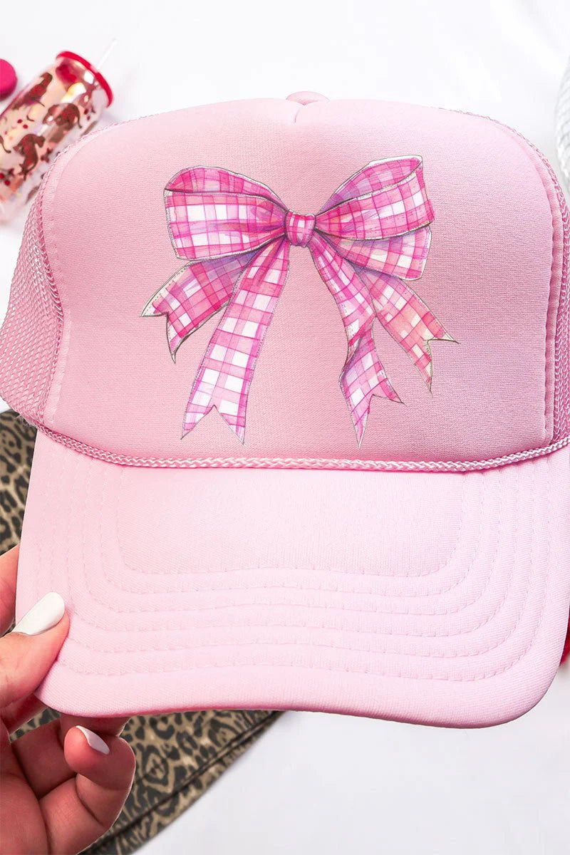 Hot Pink Gingham Bow Otto Pink Foam Front Trucker Hat image 0
