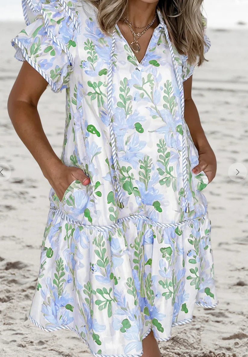 Floral Contrast Edge Layered Short Sleeve Mini Dress image 1