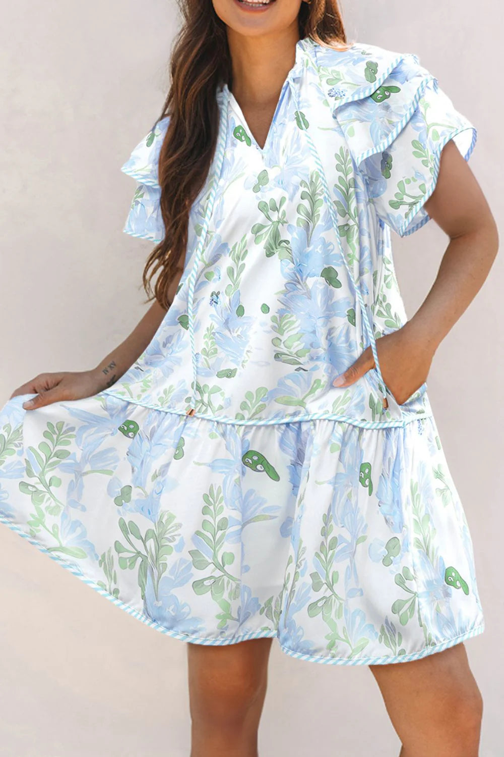 Floral Contrast Edge Layered Short Sleeve Mini Dress image 2