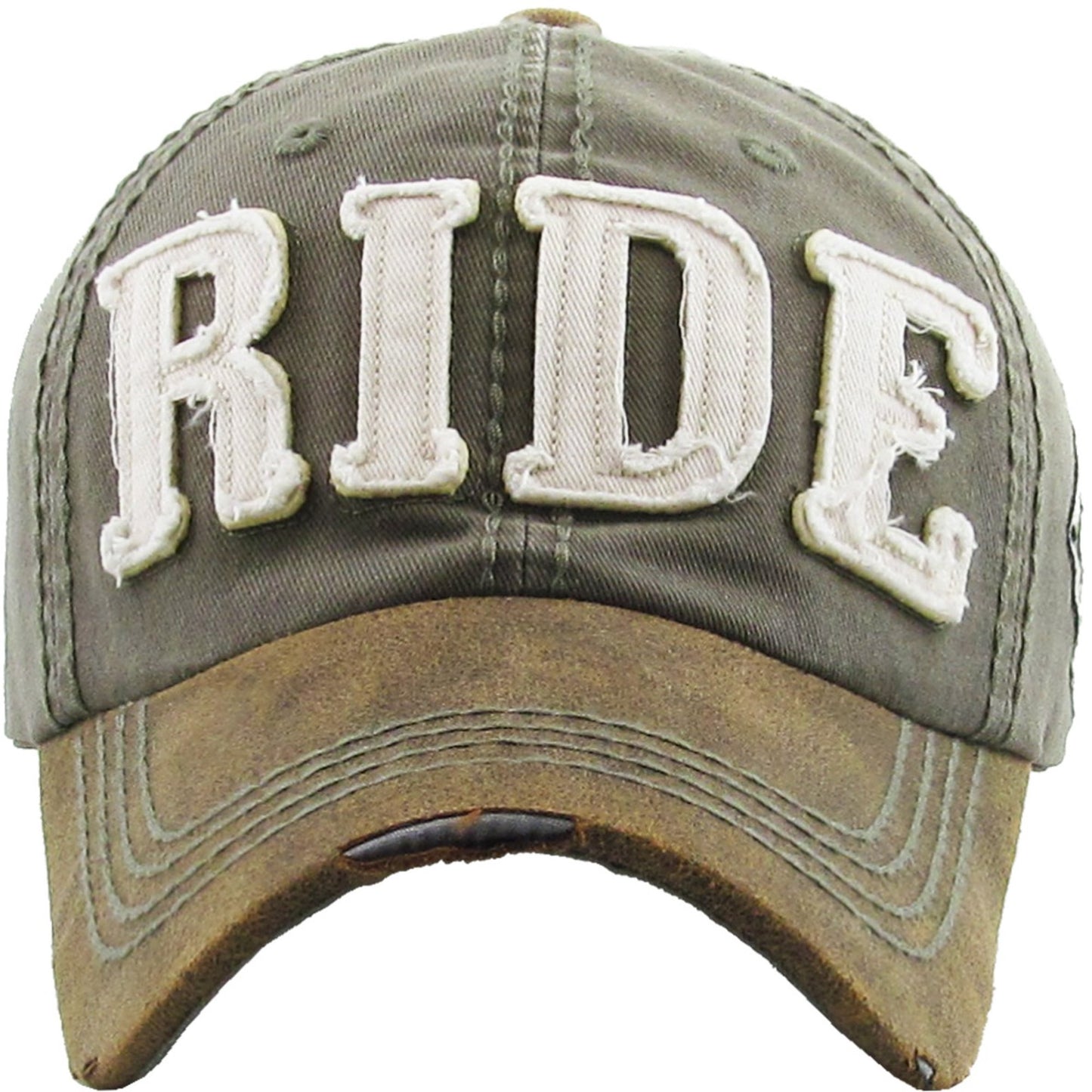 "RIDE" Distressed Ball Cap  - Brown image 0