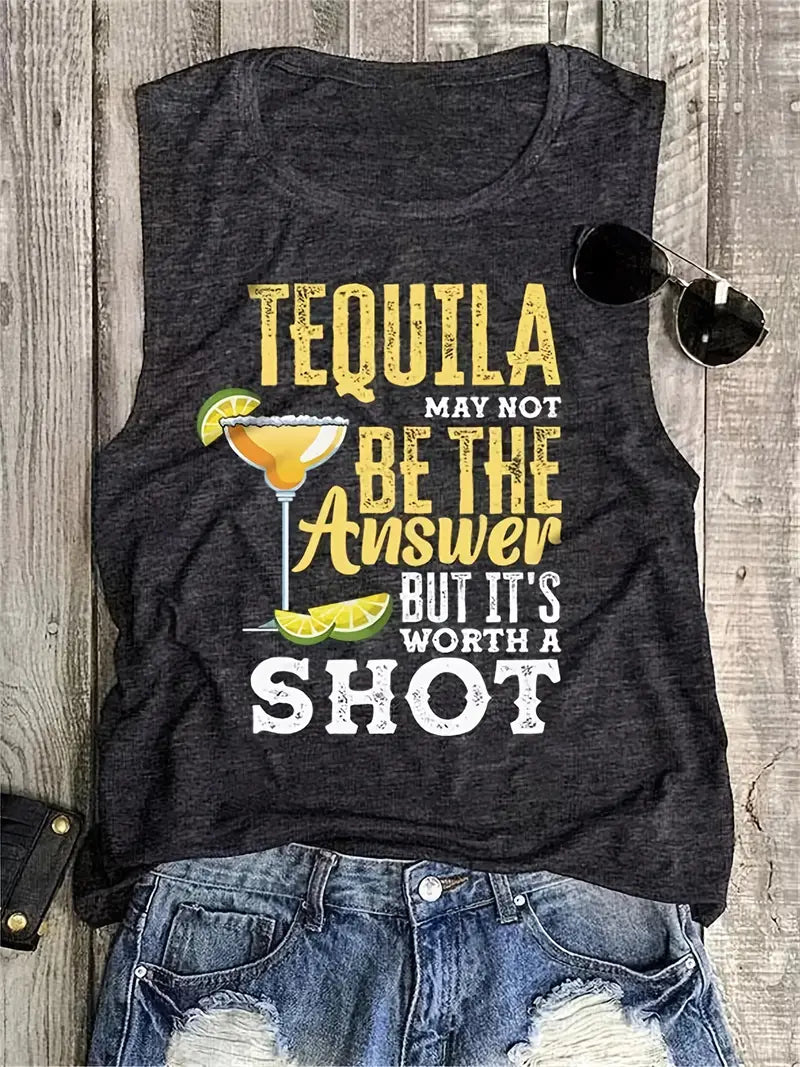 Tequila May Not Be the Answer Print Graphic T-Shirt, Retro Sleeveless image 0
